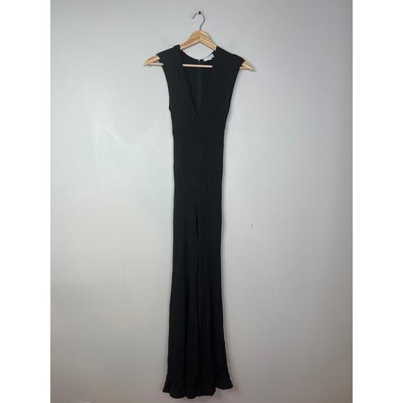 NEW A.L.C. V-Neck Cap Sleeves Holden Ribbed Knit Black Flare Leg Jumpsuit - Picture 2 of 7